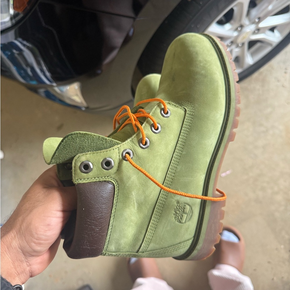 Timberland Olive Green Boots with Orange Laces